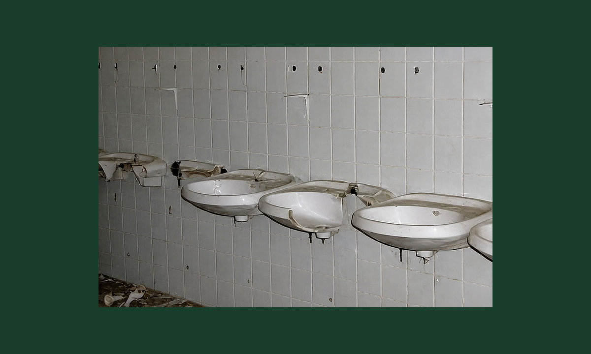 Zertrümmerte Waschbecken im Waschraum